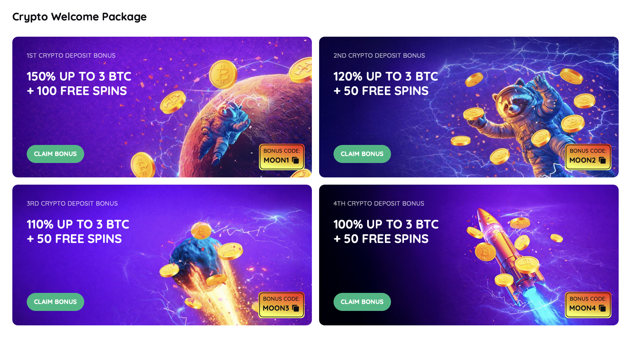 Rooli Casino Krypto-Willkommenspaket Rooli Casino Krypto-Willkommenspaket mit Bonuscodes MOON1 bis MOON4 und bis zu 150 Prozent Bonus