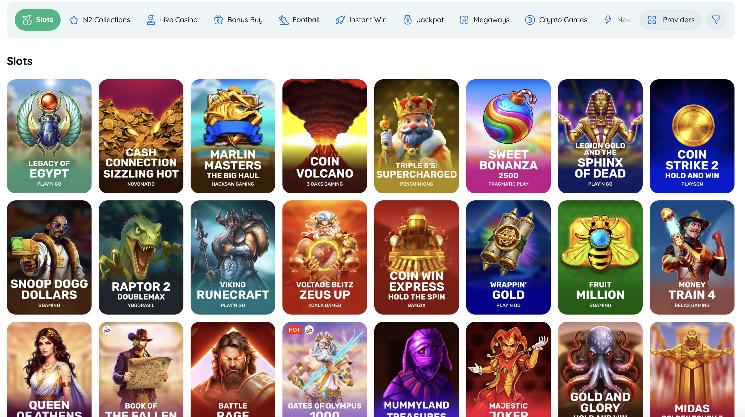 Rooli Casino Slots Lobby Rooli Casino Slots Lobby mit Titeln von Play'n GO, Pragmatic Play, Novomatic und Hacksaw Gaming